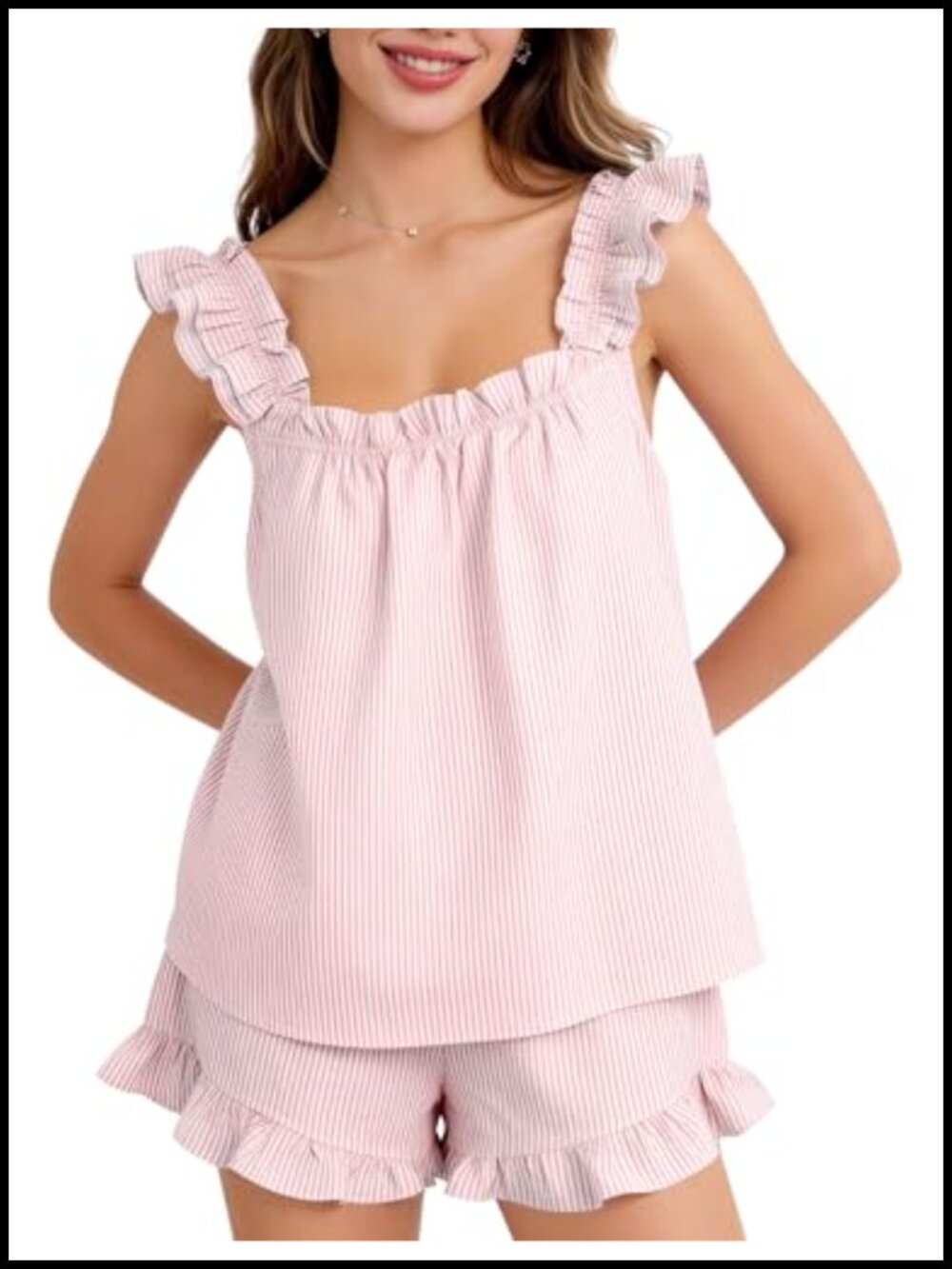 Womens 100% Cotton Striped Ruffle Pajama Set Sleeveless Lounge PJs